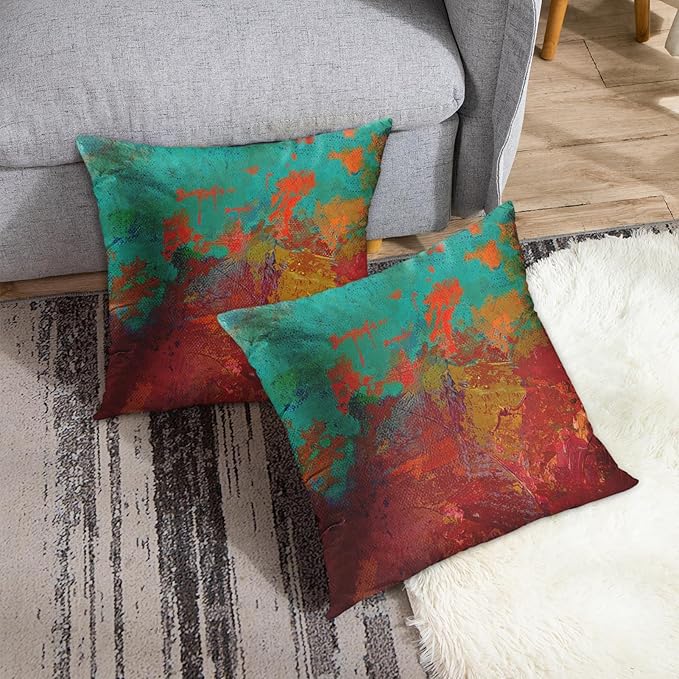 Britimes Throw Pillow Covers Modern Home Art Decor, 16 x 16 Inches Set of 2 Pillow Cases Decorative, Abstract Oil Painting Pillowcases for Bedroom, Living Room, Cushion Couch Sofa, Turquoise Orange