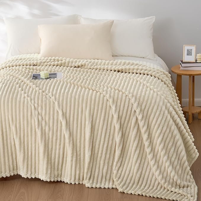 Joiedomi Queen Size Blanket for Bed, Soft & Warm Beige Fleece Blankets Gifts for Women Mom, Cozy Cute Soft Throw 90x90 Inches