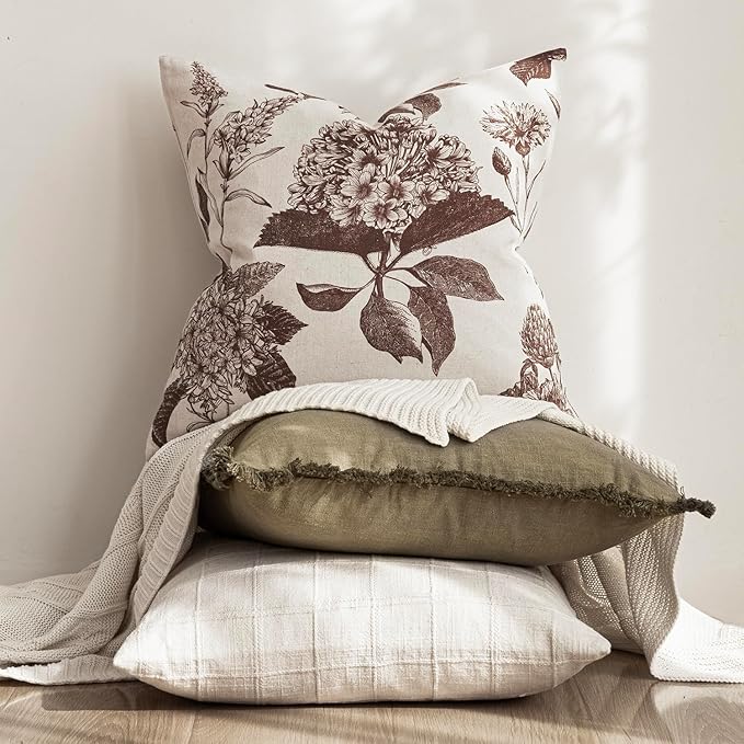 Foindtower Set of 2 Linen Floral Throw Pillow Covers Neutral Vintage Print Decorative Cushion Covers Farmhouse Boho Home Decor for Sofa Chair Couch Bedroom Living Room,20×20 Inch,Dark Brown