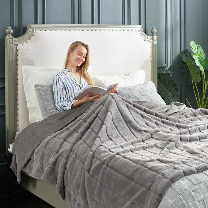 Cozy Bliss Deluxe Sheared Rabbit Faux Fur Throw Blanket, Soft Fuzzy High-Low Sculpted Plush Blanket for Couch, Cozy Home Accent, All Season Use, Grey 60"x80"
