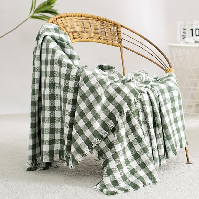 100% Cotton Throw Blanket Plaid Soft Lightweight Cozy Farmhouse Tassels Summer Thin Breathable Throws for Couch Sofa Bed (60" × 80" Green)