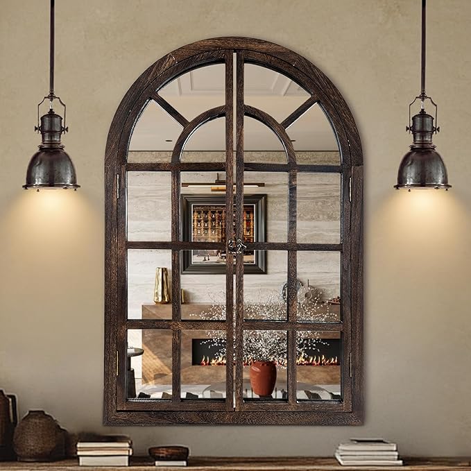 Arched Wall Mirror with Window Pane Design 38 x 26 Inch Rustic Farmhouse Wood Decorative Mirror for Living Room Bedroom Entryway