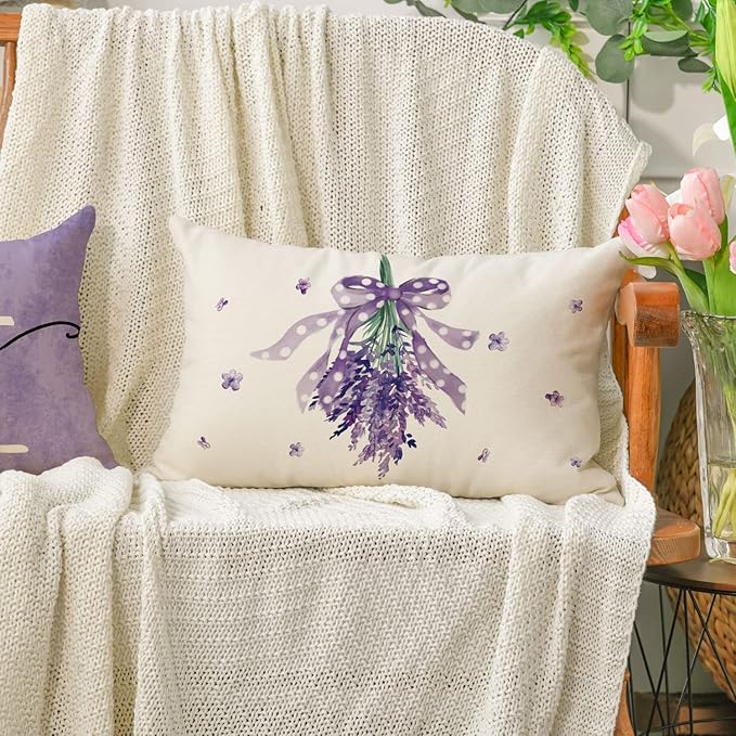AVOIN colorlife Lavender Bless This Home Spring Throw Pillow Covers, 12 x 20 Inch Purple Cushion Case for Sofa Couch Set of 4
