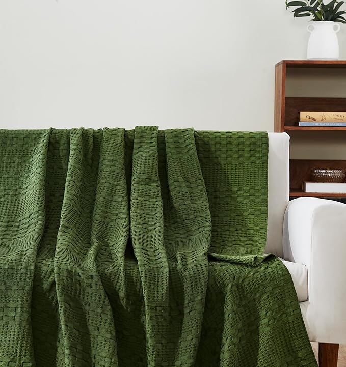 VHC Brands 100% Cotton Waffle Weave King Blanket 108"x90", Decorative Lightweight Spring and Summer Throw Blanket, Bedroom Decor for Bed, Couch, or Sofa, Olive Green