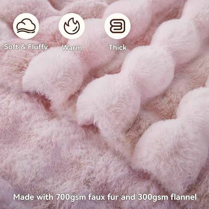 Faux Fur Throw Blanket, 1000GSM Fluffy Soft Bubble Blanket for Couch Bed, Cozy Plush Warm and Thick Blanket, Fuzzy Rabbit Throw for Living Room Bedroom 50''*60'' Pink