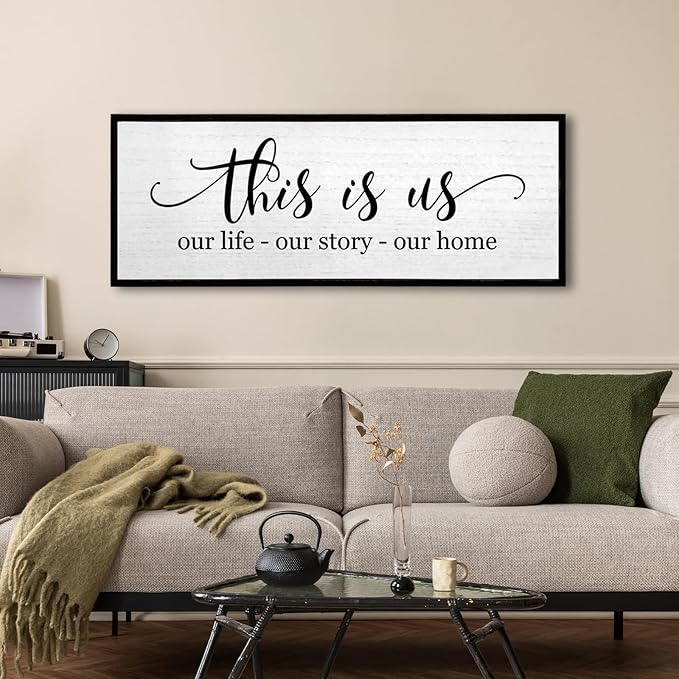 TQianJiang Simple Family Quote This Is Us Wall Decor 40"×15" Our Life Our Story Our Home Sign for Living Room Wall Art Entryway Farmhouse Large Rustic Wooden Framed House Plaque Hanging (Black)