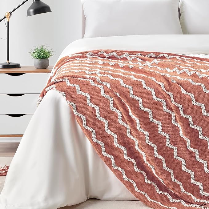 BOURINA Fluffy Chenille Knitted Fringe Throw Blanket Lightweight Soft Cozy for Bed Sofa Chair Throw Blankets, Coral Pink 50" x 60"