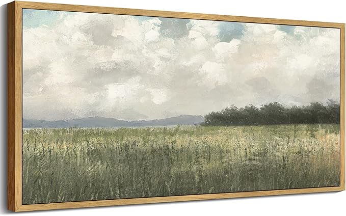 SHENIFY Vintage Landscape Framed Wall Art Country Meadow Scenery Farmhouse Decor Retro Painting for Bedroom Living Room Ready to Hang Wall Artwork - 8x16in Natural Framed