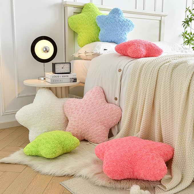 Star Pillow, 14.9" Star Shaped Plush Pillow for Couch Bed Sofa, Cute Decorative Throw Pillows with Soft Faux Fur Room Decor for Bedroom Living Room (Rose Pink)