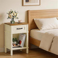 White Farmhouse Nightstand with Drawer, Small Wooden Bedside Table, White End Table, Bedroom Side Table with Storage, Rustic Wood Night Stand LET512WR