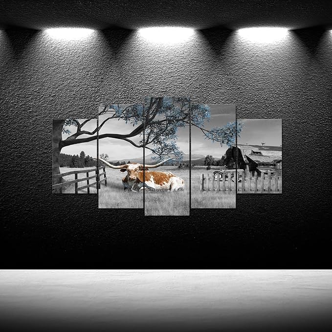 iKNOW FOTO Black and Blue 5 Panel Cow Countryside Canvas Art - Rustic Farm Picture with Barn Truck, Rural Landscape Wall Decor for Farmhouse, Bedroom, Living Room, Office