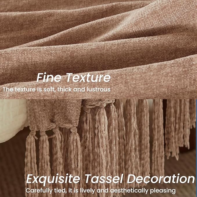 Light Taupe Chenille Throw Blanket for Couch Bed，Soft Cozy Throw Blanket with Handmade Fringe, Decorative Blanket for Sofa Chair Living Room for Gift (Light Taupe,60 x 80)