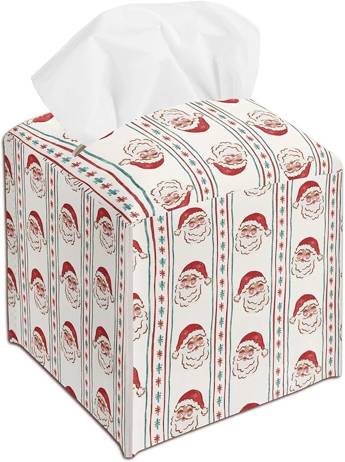 Santa Claus Leather Tissue Box Cover Holder, Red Green Stripe Tissue Box Cover Square, Xmas Gift Ideas for Family Friends, Bathroom Kitchen Car Office Home Table Decor(5.2 Inches)-B12