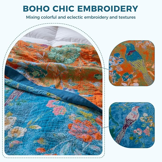 Boho Throw Blanket for Bed Cotton Spring Blankets for Bedroom Living Room Twin All Season Lightweight Floral Birds Embroidery Quilt for Couch Sofa Chair 60"x80"
