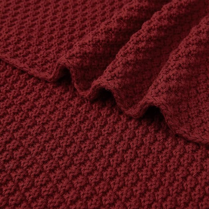 Longhui bedding Wine Red Knitted Throw Blanket for Couch, Cozy Machine Washable 100% Cotton Sofa Knit Bed Blankets, Heavy 4.0lb Weight, 60 x 80 Inches, Laundry Bag Included, Burgundy Color.