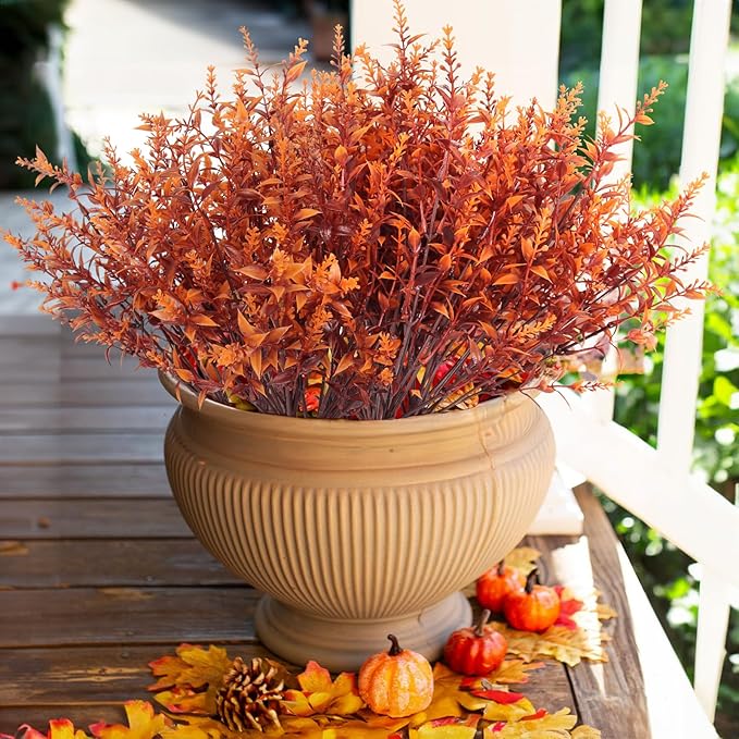 RECUTMS Faux Greenery Fake Lavender Fall Plants 20Pcs Fade Resistant Outdoor Flowers Faux Autumn Plants Fake Flowers Bulk Artificial Greenery for Porch Office Bathroom Fall Party Decorations (Brown)