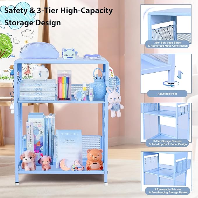 Kids Nightstand, 3-Tier Metal Side Table with Adjustable Storage Shelf, Basket & 3 S-Hooks, Small Bedside Table for Nursery, Toddler Bedroom and Small Spaces (Blue)