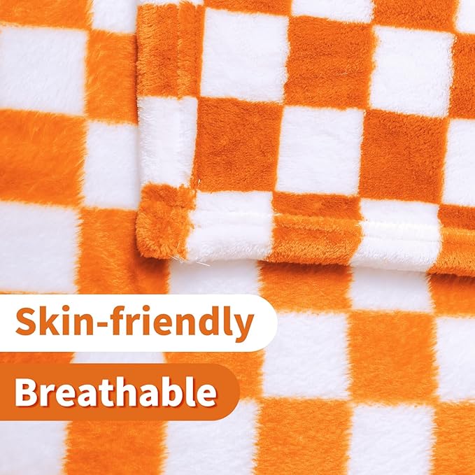 FY FIBER HOUSE Checkered Flannel Fleece Throw Blanket Soft Cozy Checkerboard Grid Print Chessboard Gingham Pattern Blankets for Bed Couch Sofa, 50"x60", Orange