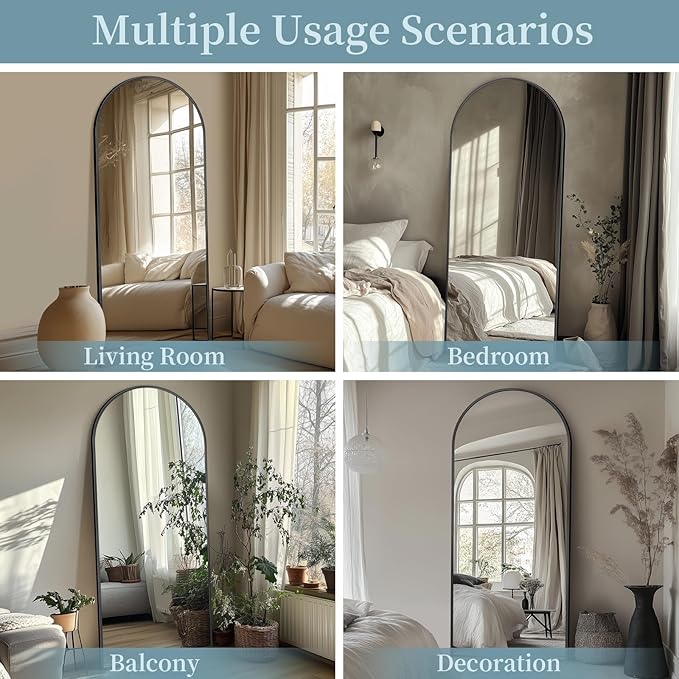 Full Length Mirror with Stand, 58"x19" Arched Full Body Mirror, Large Stand Up Aluminum Frame Floor Freestanding Hanging Leaning Mounted for Bedroom Living Room Entryway Black