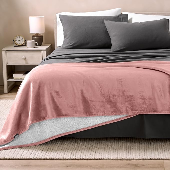 Bare Home Sherpa Fleece Blanket - Twin/Twin Extra Long - Blanket for Bed, Sofa, and Couch - Warm & Lightweight - Fluffy & Soft - Reversible (Twin/Twin XL, Old Rose)