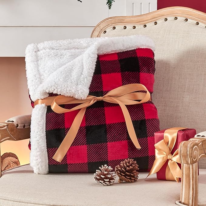 BEDELITE Sherpa Fleece Blanket - Black and Red Buffalo Plaid Christmas Blanket, Super Soft Cozy Warm Thick Winter Throw Blankets for Couch and Bed, 60" x 80"
