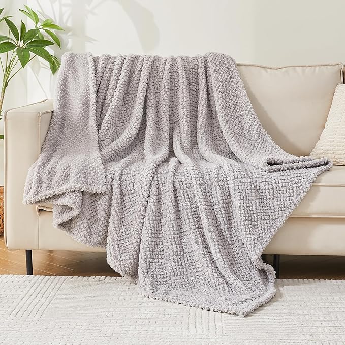 EMME Fleece Blanket, 3D Jacquard Throw Blanket for Couch and Bed, Soft Cozy and Fluffy Blankets Lightweight Luxury Flannel with Waffle Design (Grey, 60" x 80")