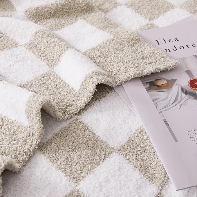 Checkered Throw Blanket, Taupe Soft Cozy Fluffy Knitted Throw Blankets for Couch, Sofa, Bed, Chair, Warm Fuzzy Travel Picnic Lightweight Plaid Blanket, 60x80 inches