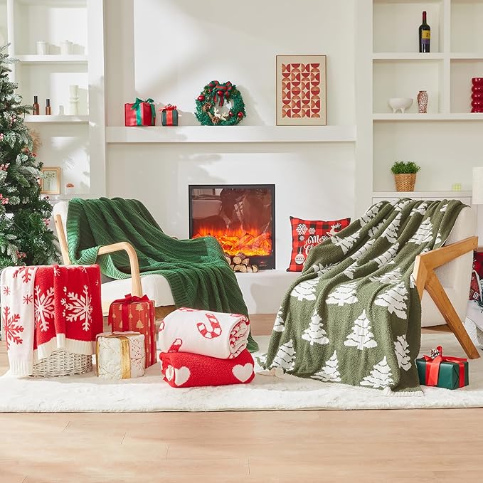 Douceur Christmas Green Throw Blanket for Bed, Soft Cozy Lightweight Stripe Pattern Knitted Throw Blanket for Sofa, Living Room Gift, 50"X60"