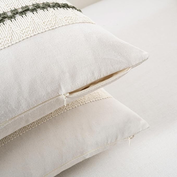 Fancy Homi Set of 2 Boho Olive Green Decorative Throw Pillow Cover 16x16 Inch for Couch Bed Sofa, Aesthetic Modern Organic Farmhouse Home Decor, Soft Cotton Cute Accent Macrame Woven Cushion Case