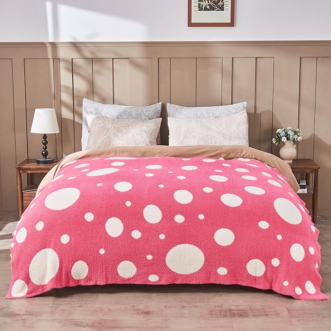 CozeCube Super Soft Fullfy Microfiber Reversible Knitted Blankets, Warm Cozy Fuzzy Plush Throw, Hot Pink and White Polka Dot Throw Blanket for Couch Bed Sofa, 50" x 60"