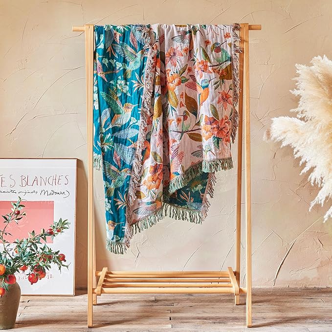 Boho Throw Blanket - 50"x60" 100% Cotton Ultra Soft Lightweight Spring Blanket, 4-Layer Breathable Muslin Blankets for Bed Couch, Reversible Blue Floral Bird Printed Bohemian Cotton Quilt