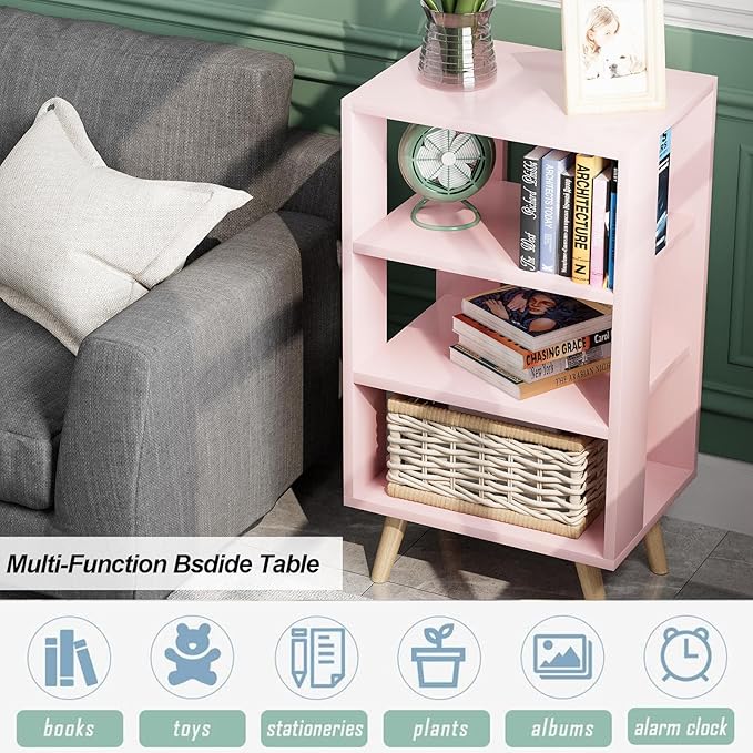 Night Stand, Pink Nightstand, Modern End Table with Open Storage, 3-Tier Wooden Bedside Table for Small Space, Living Room, Bedroom