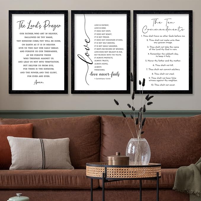 comurdyo Christian Bible Verse Wall Art 24"×16" Set of 3 Positive Religious Minimalist Quotes Sign for Rustic God Jesus Christ Prayer Inspirational Catholic Scripture Decor Wood Framed Hanging (Black)