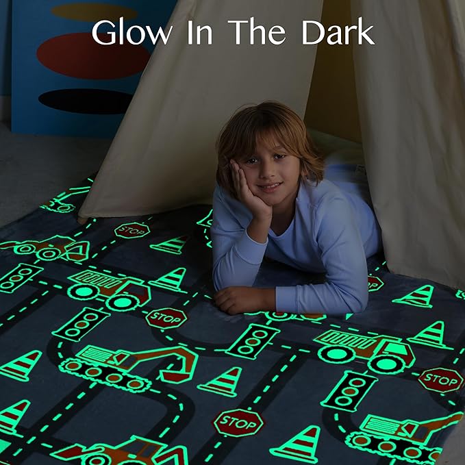 Joiedomi Glow in The Dark Blanket Construction Gifts for Boys Age 2 3 4 5 6 7 8 9 10 11 12 Year Old Boy Gifts, Soft Cozy Flannel Kids Throw Blanket, Birthday Bedroom Decor 50"×60"