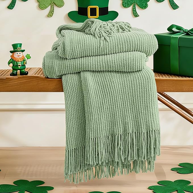 inhand Basil Green Throw Blanket for Couch Bed, St. Patrick’s Day Lucky Spring Gifts Throw for Men Women,Chunky Chenille Woven Soft Warm Blanket,Boho Farmhouse Cozy Decor,50"x60",Medium Thick