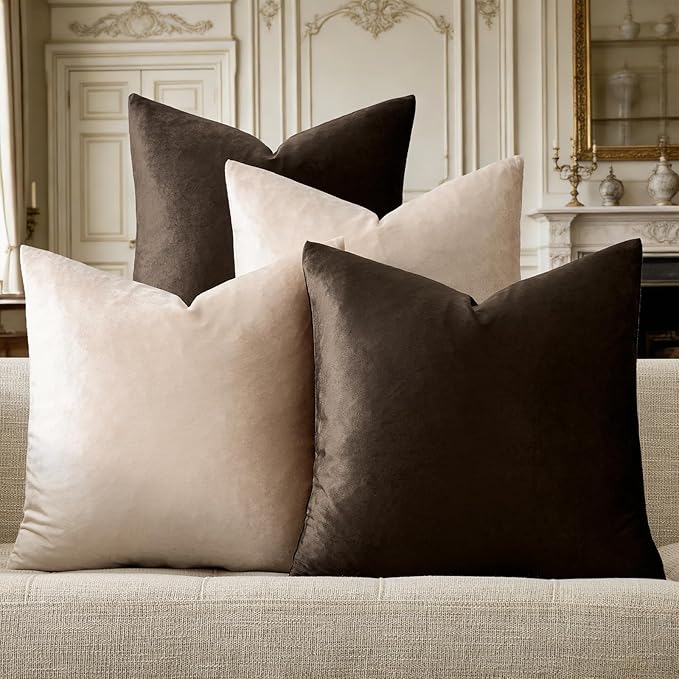 GIGIZAZA Pillow Covers 20x20 Set of 4,Brown Champagne Velvet Soft Pillow Covers Decorative Square Modern Pillows Cushion Cases for Living Room