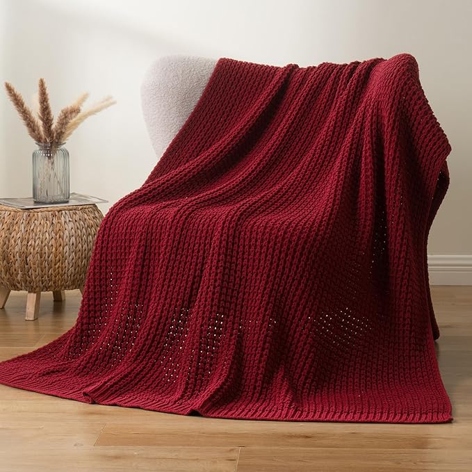 Bunnikins & Clover Christmas Throw Blanket for Couch, Knitted Waffle Throw Blanket, Red Blanket Throw for Women Mothers Birthday Gifts, 50"x60"