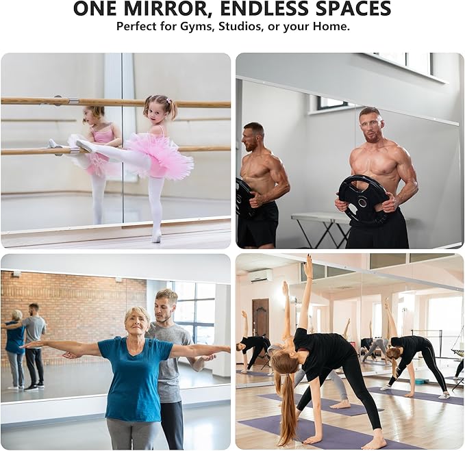 Home Gym Mirror for Wall, 48"x28"x2PCS Full Length Gym Mirror Frameless Wall-Mounted for Garage, Home Gym, Living Room, Bedroom(Silver)
