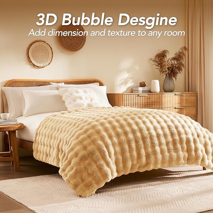 L'AGRATY Faux Rabbit Fur Blanket: 60" x 80" Twin Luxury Soft Fluffy Thick Fur Throw Blanket for Couch Bed - Cozy Plush Bubble Blankets for Winter: Flannel Fleece Decorative Blanket(Milk Tea Brown)