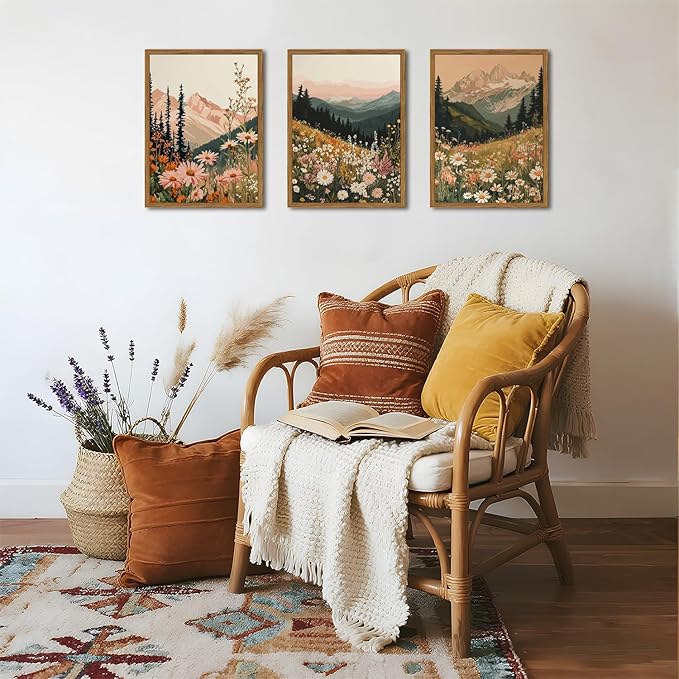 Framed Boho Colorful Wildflower Landscape Wall Art Set of 3, Vintage Floral Mountain Wall Decor Paintings, Nature Flower Pictures Canvas Prints for Living Room Bedroom Office 16x24 inch