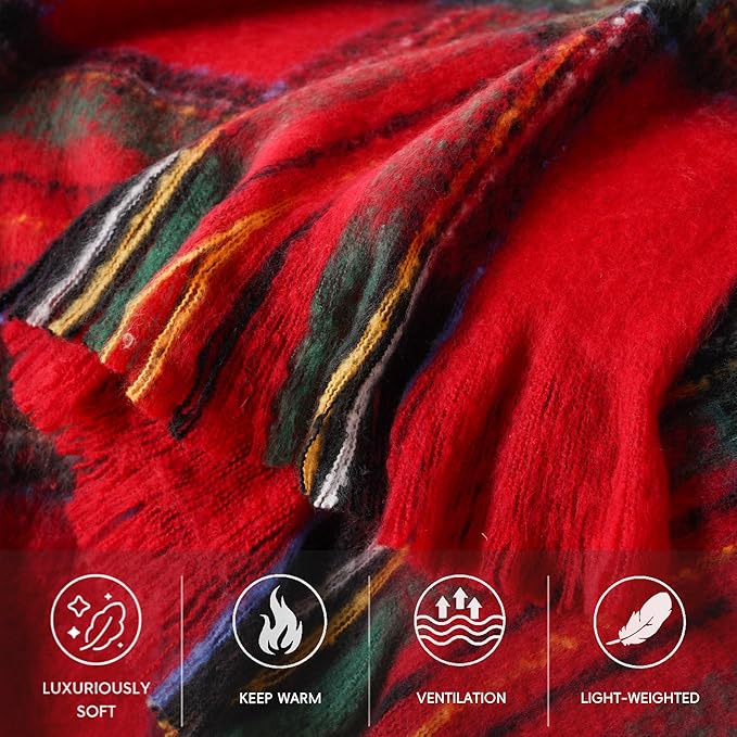 BATTILO Christmas Plaid Throw Blanket for Couch Bed, Mohair Red Tartan Plaid Blankets, Soft Cashmere Checkered Pattern, Red Christmas Throw Blankets for Home Decor (50"x60")