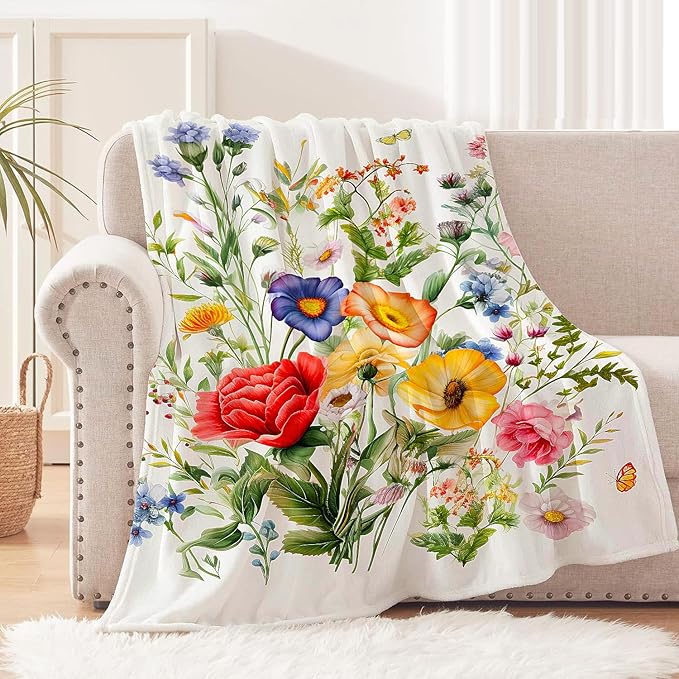 Floral Blanket Vintage Flowers Blankets Butterfly Wildflowers Throw Blankets Soft Cozy Flannel Fleece Throw Blanket Colorful Daisy Plants Throw Blanket for Couch Sofa Bed, 60"×80"