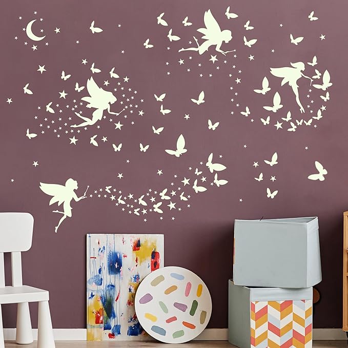 Glow in The Dark Fairy Wall Decals, Luminous Fairies Stars Wall Stickers for Ceiling, Peel and Stick Butterfly Decoration for Kids Room