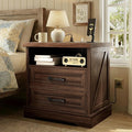 AODK 24 Inch Farmhouse Nightstand with Charging Station, Wood Bedside Table with 2 Drawers, Rustic Wood End Table with Outlet and USB for Bedroom, Dark Walnut
