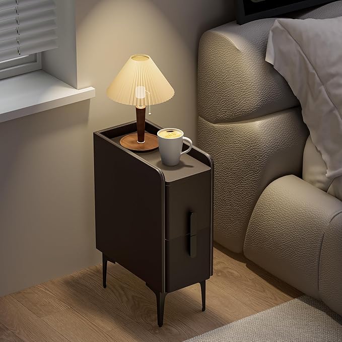 VICITON Narrow Nightstand with 2 Drawers, Narrow Side Table Leather Surface, Slim Bedside Table for Bedrooms, Dormitories, Living Rooms (Dark Gray, 15.7" D x 7.8" W x 22.4" H)