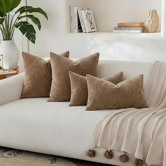 decorUhome Chenille Brown Throw Pillow Covers 18x18 Inch Set of 2, Decorative Soft Couch Pillow Covers Solid Dyed Accent Farmhouse Neutral Square Pillow Cases for Sofa