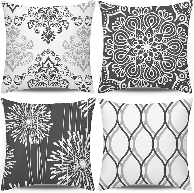 Coliuso Decorative Throw Pillow Covers 16x16 Set of 4, Dark Grey and White Modern Simple Square Pillow Case Cushion Cover for Sofa Couch Farmhouse Outdoor Living Room