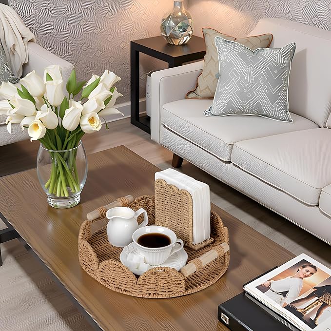 CubesLand Round Scalloped Decorative Centerpiece Tray for Coffee Table, Home Decor, Living Room - Neutral Tray w/Wooden Handle – Warm and Elegant for Holidays, Housewarmings - Candle Plate Holder