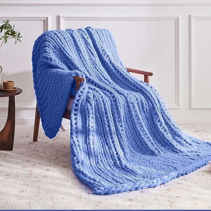 Chunky Knit Throw Blanket, 80''*90'' Knitted Throw Chenille Yarn for Bed Couch, Handmade Light Blue Crochet Big Thick Blanket, Machine Washable Cute Comfy Blanket for Home Decor