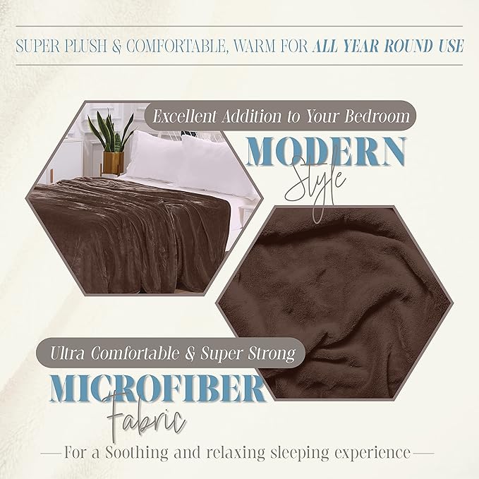 Elegant Comfort Luxury Velvety Feel Blanket, All-Season Lightweight Blanket, Ultra Plush, Soft, Cozy-Fuzzy Flannel Fleece for Couch, Sofa, Bed, Travel, Solid Design, Full/Queen, Brown